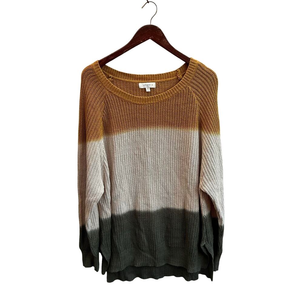 Umgee Colorblock Oversized Chunky Knit Sweater Mustard Cream Olive Size XL